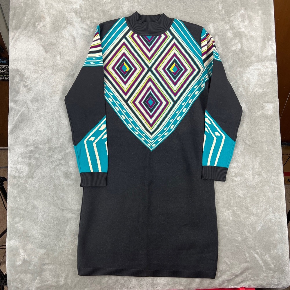 Yuka Womens Geometric Diamond Intarsia Mock Neck Sweater Dress‎ Black Teal T5